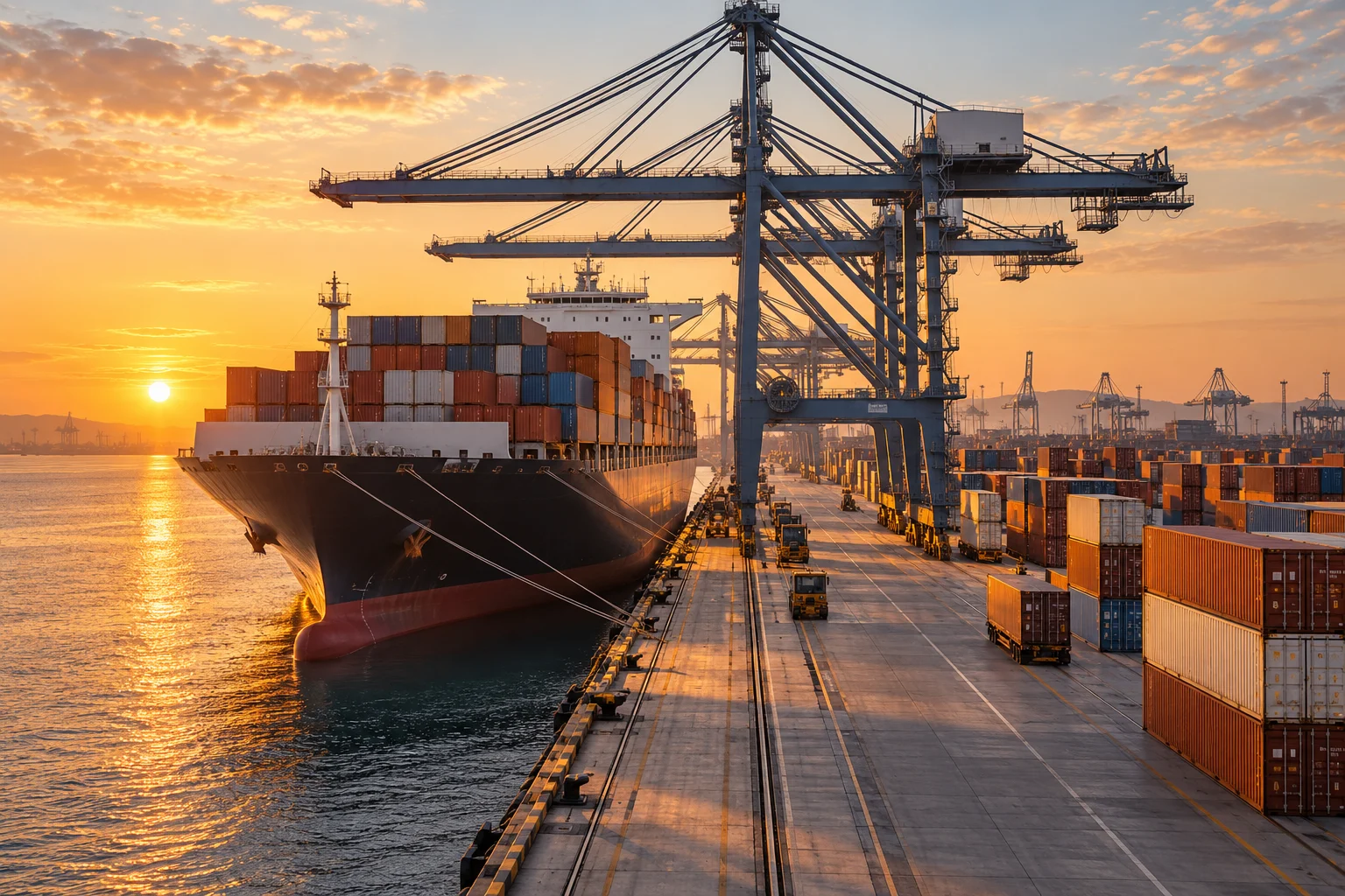 Container ship at a working port in morning light