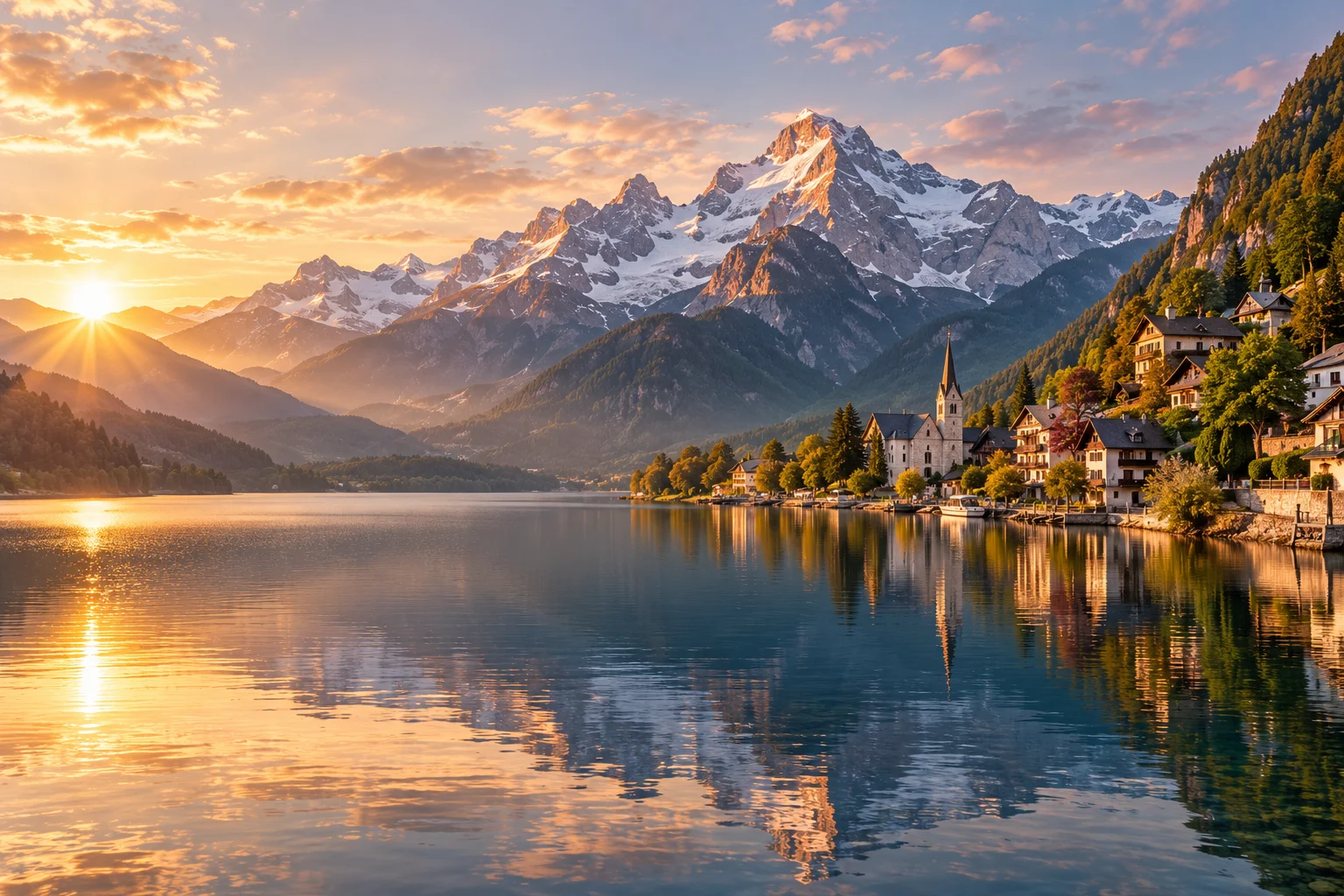 A mountain lake and village in golden morning light